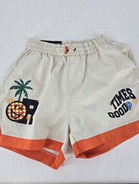 Oatmeal Athletic Shorts with Orange Trim and Graphic Print